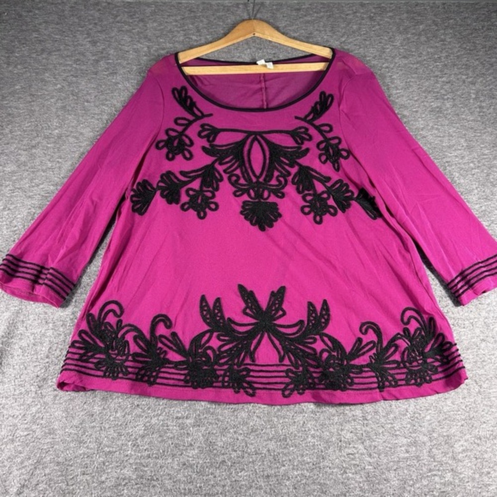Madison Hot Pink Sheer Layered 3D Embroidered Black Floral Whimsy Goth Size L